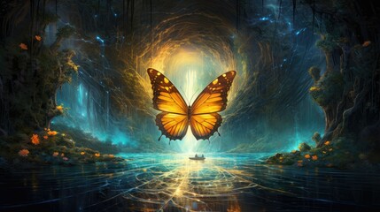  a yellow butterfly flying over a river surrounded by trees and rocks.  generative ai