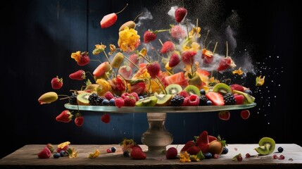 Poster -  a platter of fruit is being tossed into the air.  generative ai