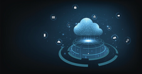 Fototapete - Cloud computing concept. Cloud storage with data protected exchange Cloud computing, big data center, on dark blue background.Cloud Technology illustration concept.