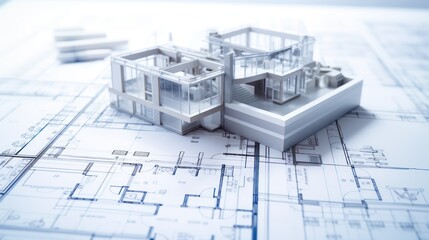 Canvas Print - Building construction on architecture blueprint