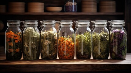 Poster - Herbal tea with diverse ingredients in jars for natural healing