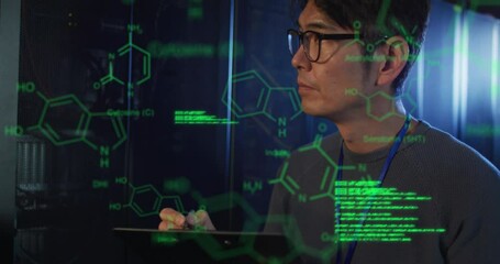 Poster - Animation of chemical structures against asian male engineer taking notes at computer server room