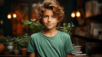 Wall Mural - Full body little small smiling happy boy 6-7 years old wearing green t-shirt hod hands crossed folded look camera on background. People portrait illustration. Generative AI
