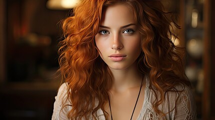 Wall Mural - Portrait of beautiful redhead girl smiling looking at camera. Model portrait illustration. Generative AI