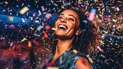 Wall Mural - Fun at disco. Woman dancer. Nightclub party with confetti. Beautiful style illustration. Generative AI
