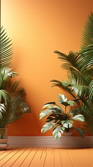 Wall Mural - Warm orange and beige summer color background with tropical palm shadow. Two trend pastel paper and exotic plant shade layout. Minimal flat lay with leaf silhouette overlay. Generative AI