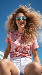Wall Mural - Happy attractive young woman in sunglasses sitting on skateboard over background. Model illustration. Generative AI
