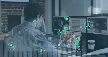 Poster - Animation of multiple graphs, icons over diverse man wearing mask discussing reports on video call