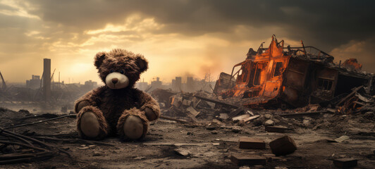 War background - Teddy bear sits in the rubble of a bombed city