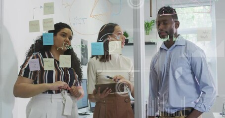 Poster - Animation of graphs and loading circles over diverse coworkers discussing strategy in office