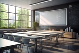 Fototapeta  - An empty classroom with desks and chairs