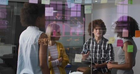 Poster - Animation of globes, graphs and loading bars over diverse coworker planning strategy in office