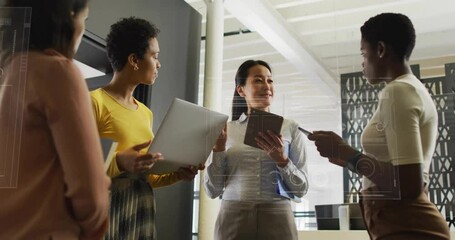 Poster - Animation of globe, graphs, loading bars and circles, diverse female coworkers discussing in office