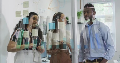 Poster - Animation of graph over diverse coworkers discussing about strategy on glass wall in office