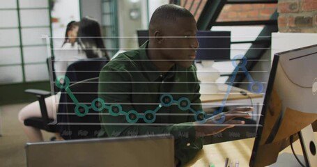 Poster - Animation of graph over african american man working on computer in office