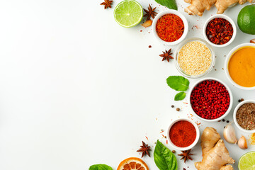 Beautiful composition with various spices on white background