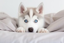 Photo Of An Expressive Siberian Husky Puppy With Captivating Blue Eyes Against A Pure White Sheet. Generative AI