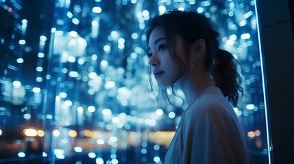 Wall Mural - a young woman with contemplative gaze, holographic interface, neon lighting, combining human and technology, futuristic quantum computer server room, advanced AI research center. generative AI