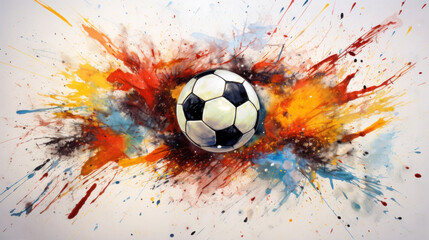 Soccer ball on the background of watercolor splashes.  AI Generative.