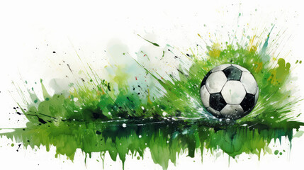 Soccer ball on the background of watercolor splashes.  AI Generative.