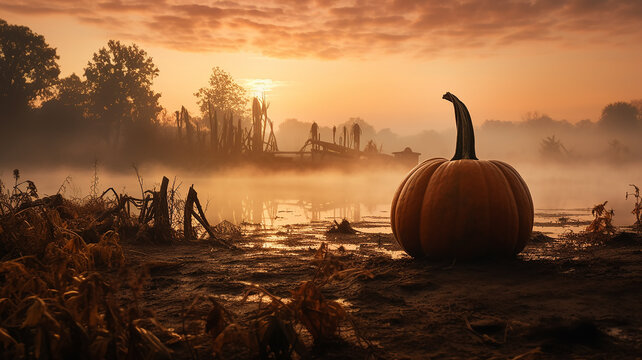 huge ripe orange pumpkin, autumn festive background, halloween calendar, nature harvest, fictional computer graphics