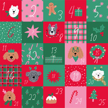 Christmas Advent Calendar With Dogs. Cute Cartoon Christmas Dogs - Vector Prin In Flat Style. Holidays Pet In Christmas Hat.