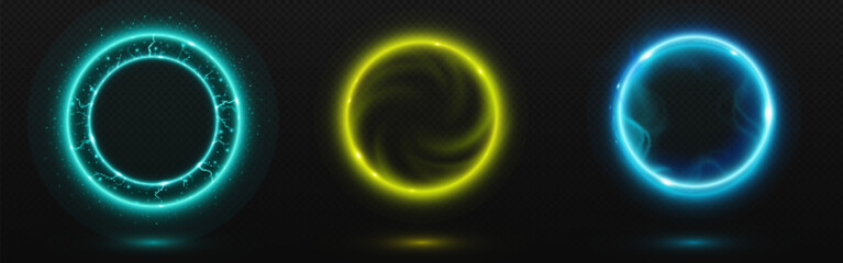 Poster - Magic light circle portal with neon effect. Realistic vector illustration set of glowing energy rings for movement in time and space. Fantastic electric shining round frame on transparent background.