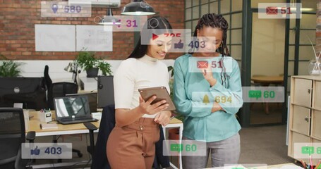 Poster - Animation of notification bars over diverse female coworkers discussing reports on digital tablet