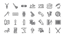 Outline Icons Set From Sew Concept. Editable Vector Such As Slide Fastener, Wool, Old Sewing Hine, Tailoring Hine, Mannequin, Sew Pattern, Knitting Neddles Icons.