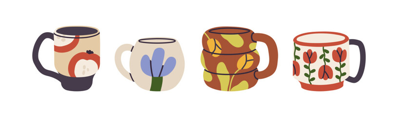 Poster - Modern ceramic cups set. Cute teacups, coffee and tea mugs. Crockery in creative trendy design style, flower and leaf drawings. Handmade pottery. Flat vector illustrations isolated on white background