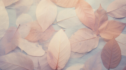 Wall Mural - autumn background prints of dry leaves on paper scrapbooking, soft color delicate pastel colors blank copy space