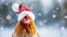 A Close-up Shot Of A Rooster With Santa Hat Covered In Snow. It's Winter And The Snow Is Blowing In The Background.