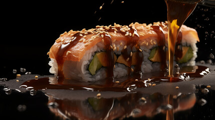 Wall Mural - A dynamic shot of a sushi roll being dipped into soy sauce, capturing the droplets and the merging of flavors. 