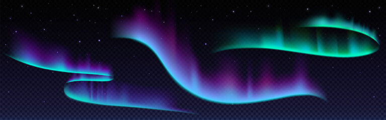 Poster - Northern lights with neon glowing effect on dark transparent background. Colorful bright luminous streaks of aurora borealis on polar night starry sky. Realistic vector set of arctic visual phenomenon
