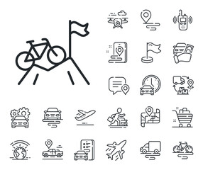 Poster - Outdoor bicycle transport sign. Plane, supply chain and place location outline icons. Mountain bike line icon. Sport activity symbol. Mountain bike line sign. Taxi transport, rent a bike icon. Vector