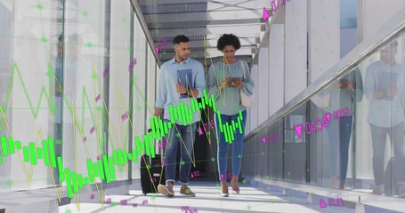 Poster - Animation of numbers, diverse coworkers with trolley bag discussing while walking in corridor