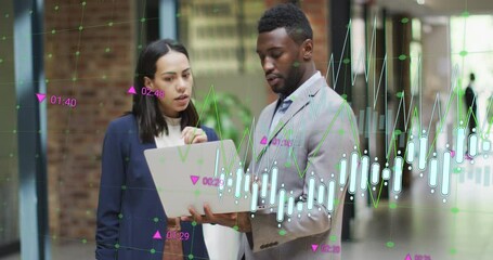 Poster - Animation of multiple graphs with changing numbers, diverse coworkers discussing reports on laptop