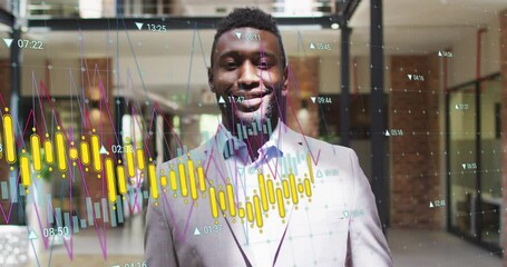 Sticker - Animation of multiple graphs with changing numbers over smiling african american man