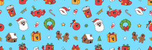 Merry Christmas Groovy Funny Cartoon Seamless Pattern. Santa Claus, Christmas Tree, Coffee And Ball In Trendy Funky Retro Cartoon Style. Greeting Background, Wrapping Paper, Textile, Wallpaper.