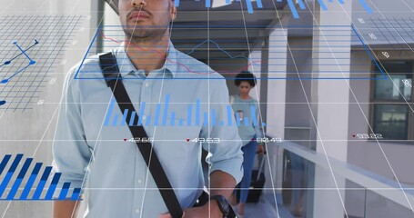 Poster - Animation of multiple graphs, changing numbers, biracial man with bag walking in corridor of office
