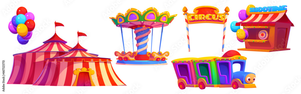 Amusement park and funfair, carnival elements set. Cartoon vector ...