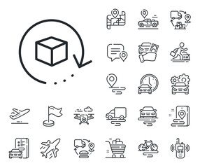 Poster - Delivery parcel sign. Plane, supply chain and place location outline icons. Return package line icon. Cargo goods box symbol. Return package line sign. Taxi transport, rent a bike icon. Vector