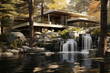 Modern house in the woods witha a waterfall in front of it.