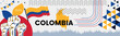 COLOMBIA national day banner with map, flag colors theme background and geometric abstract retro modern colorfull design with raised hands or fists.