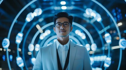 Wall Mural - Portrait of success asian businessman with AI experience in futuristic workplace neon light white and blue. generative AI 