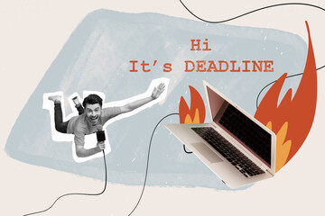 Aufkleber - Composite creative photo collage of funny man falling near laptop reminds about deadline in microphone isolated on drawing background