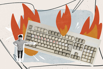 Poster - Collage artwork magazine of aggressive young guy chief hand showing huge keyboard scream work deadline isolated on painted background