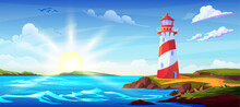 Summer Cartoon Landscape With Lighthouse On Rocky Coast Of Ocean Or Sea. Vector Panoramic Illustration Of Seashore With Light Beacon Tower On Cliff, Waved Water, Blue Sky With Sun And Clouds.