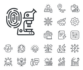 Wall Mural - Microscope investigation sign. Energy, Co2 exhaust and solar panel outline icons. Fingerprint research line icon. Biometric identity symbol. Fingerprint research line sign. Vector