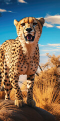 Poster - A cheetah standing confidently on top of a rock. This image can be used to depict strength, agility, and wildlife in natural habitats.